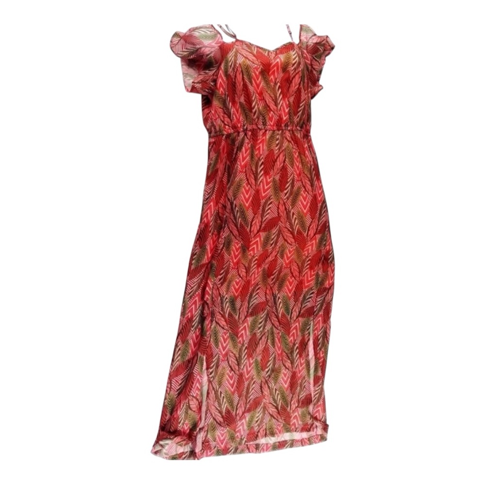 CC Womens Maxi Dress Size Large Red Leaf Print Chiffon Slits Summer EUC Boho